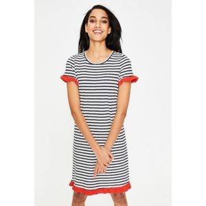 Boden Navy Blue & Ivory White Stripe Ruffle Short Sleeve Emily Jersey Dress